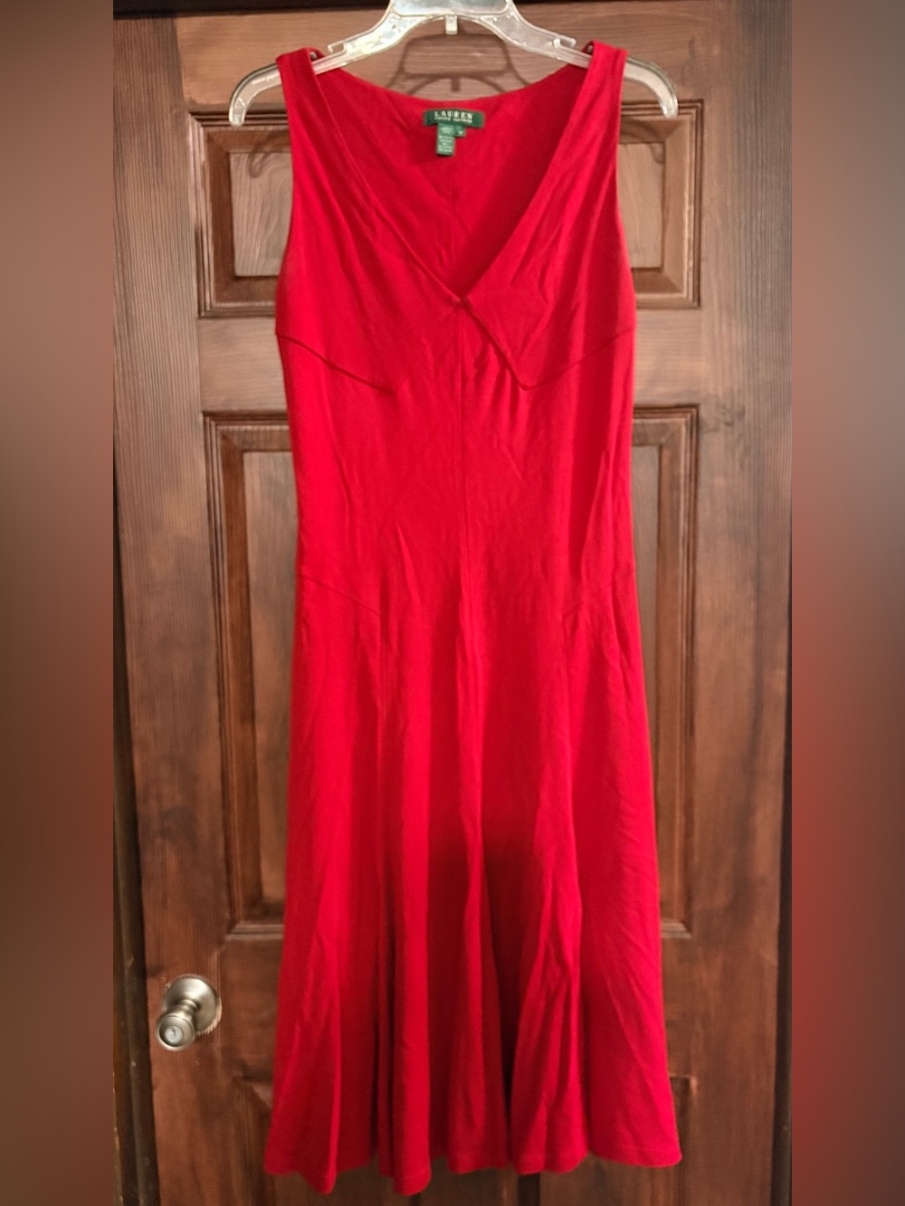 Lauren Ralph Lauren Red Sleeveless V-Neck Paneled Midi Dress